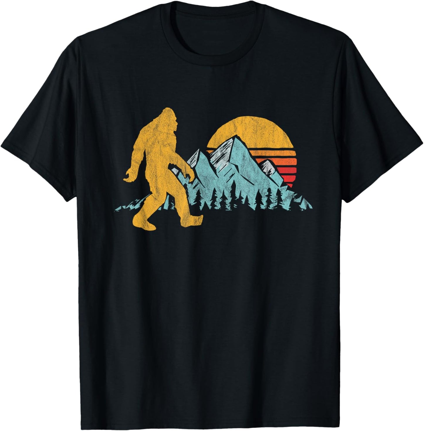 Retro Bigfoot Silhouette Mountain Sun Believe! Graphic T-Shirt - T-Shirt | Black