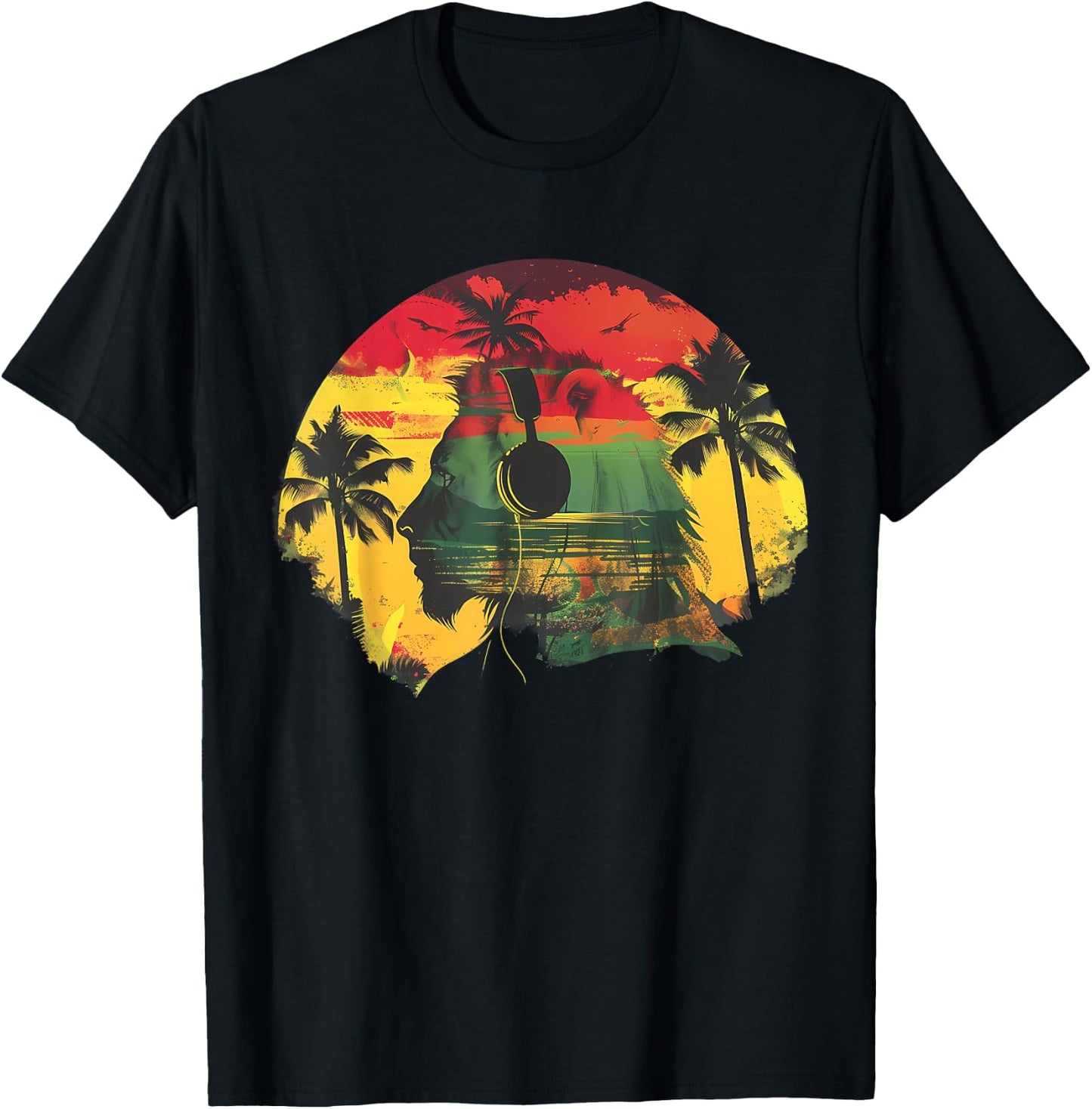 Rasta Reggae Music Headphones Jamaican Lion Of Judah T-Shirt - T-Shirt | Black
