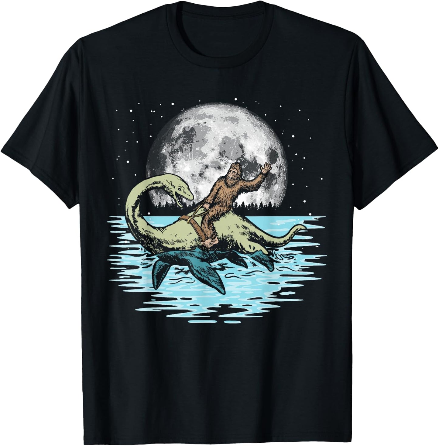 Funny Bigfoot Riding Nessie Loch Ness Monster & Full Moon T-Shirt - T-Shirt | Black