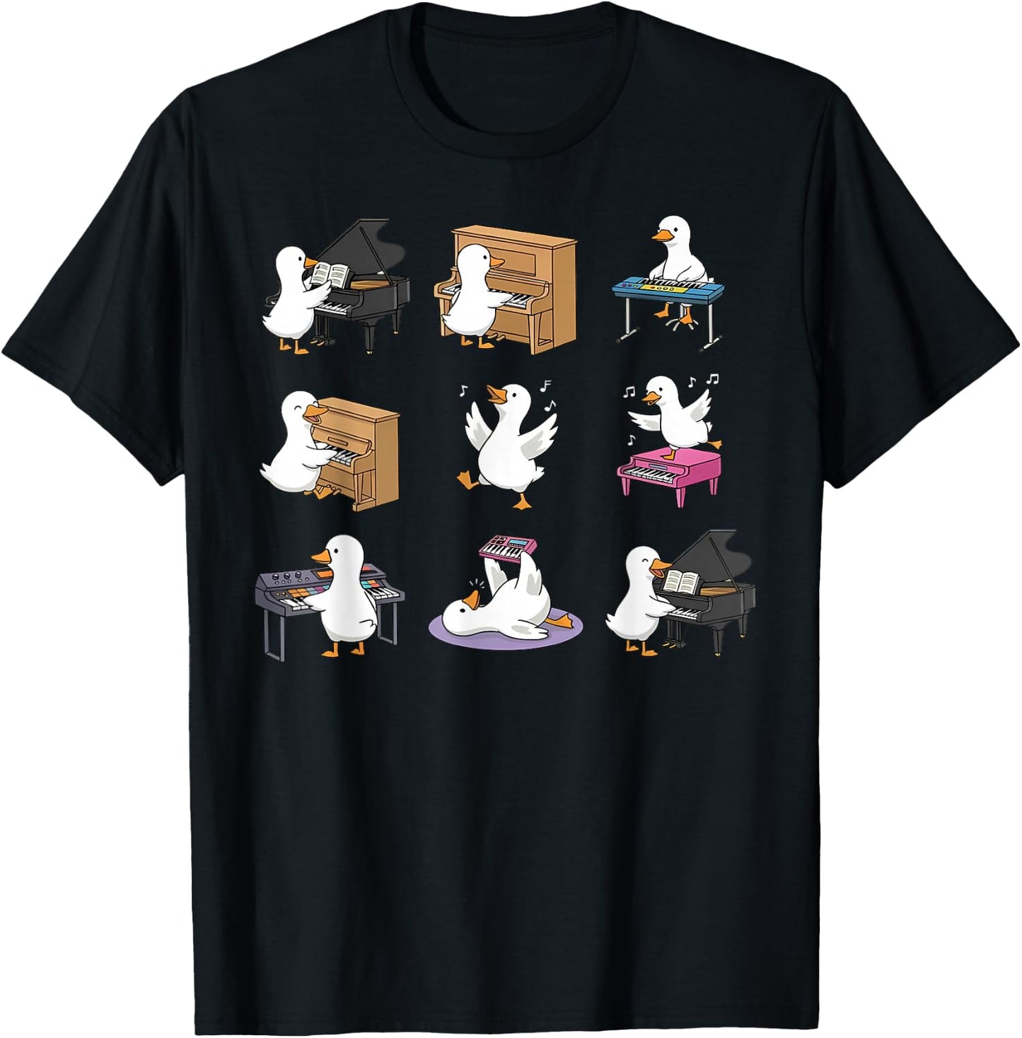 Silly Goose Playing Piano Cute Piano Teacher Keyboard Player T-Shirt - T-Shirt | Black