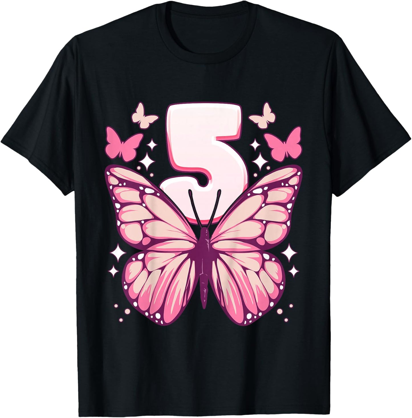 Geburtstag Mädchen 5 Jahre, Schmetterlinge und Nummer 5 T-Shirt - T-Shirt | Black