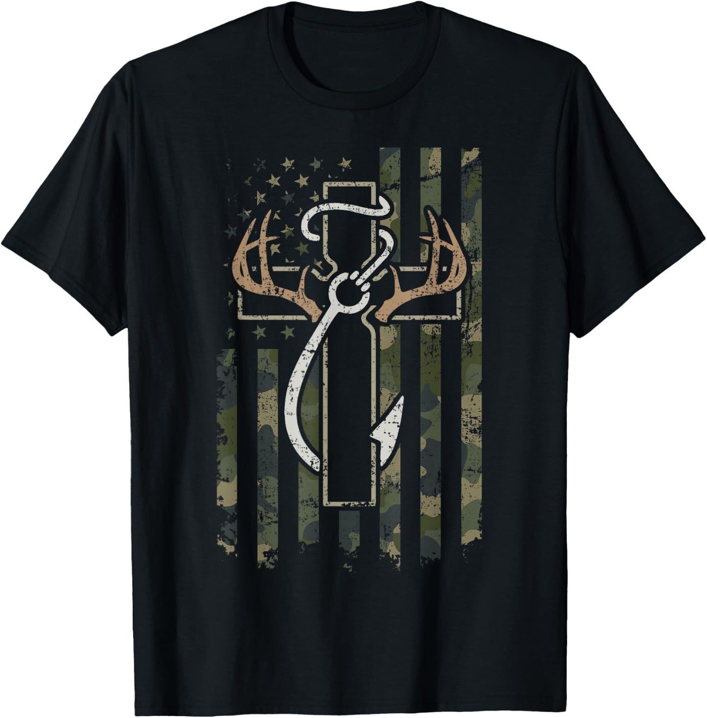 Hunting Fishing Faith - Christian Hunter Fisherman Camo USA T-Shirt - T-Shirt | Black