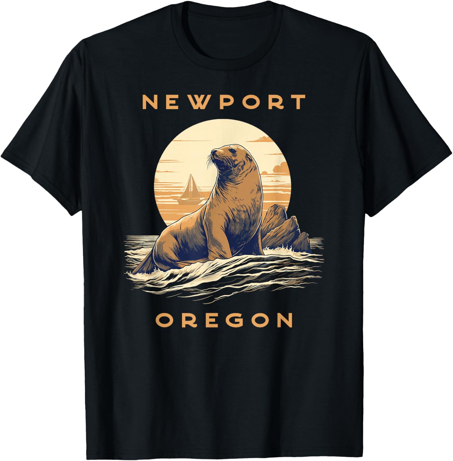 Newport Oregon Vintage Coastal Sea Lion T-Shirt - T-Shirt | Black