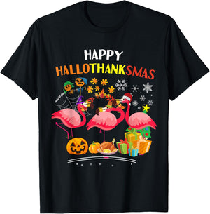 Flamingo Halloween Merry Christmas happy Hallothanksmas T-Shirt - T-Shirt | Black