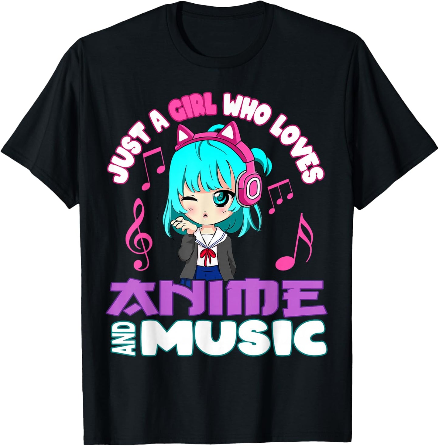Just a Girl Who Loves Anime and Music Funny Chibi Graphic T-Shirt - T-Shirt | Black