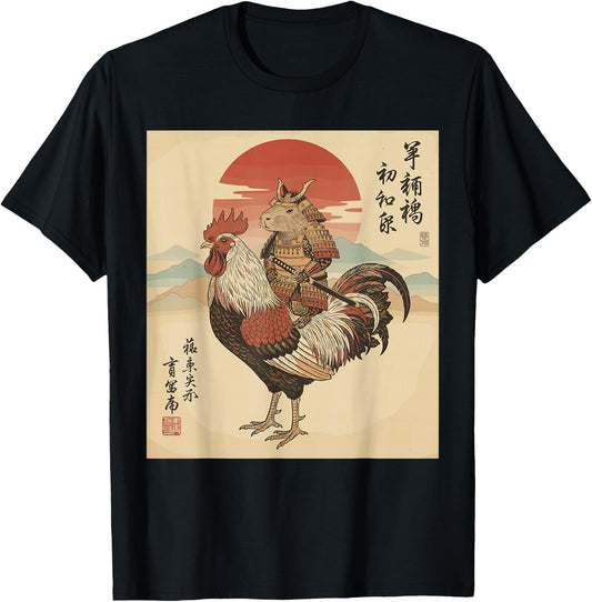 Vintage Japanese Art Shirt, Cool Capybara Riding Rooster T-Shirt - T-Shirt | Black