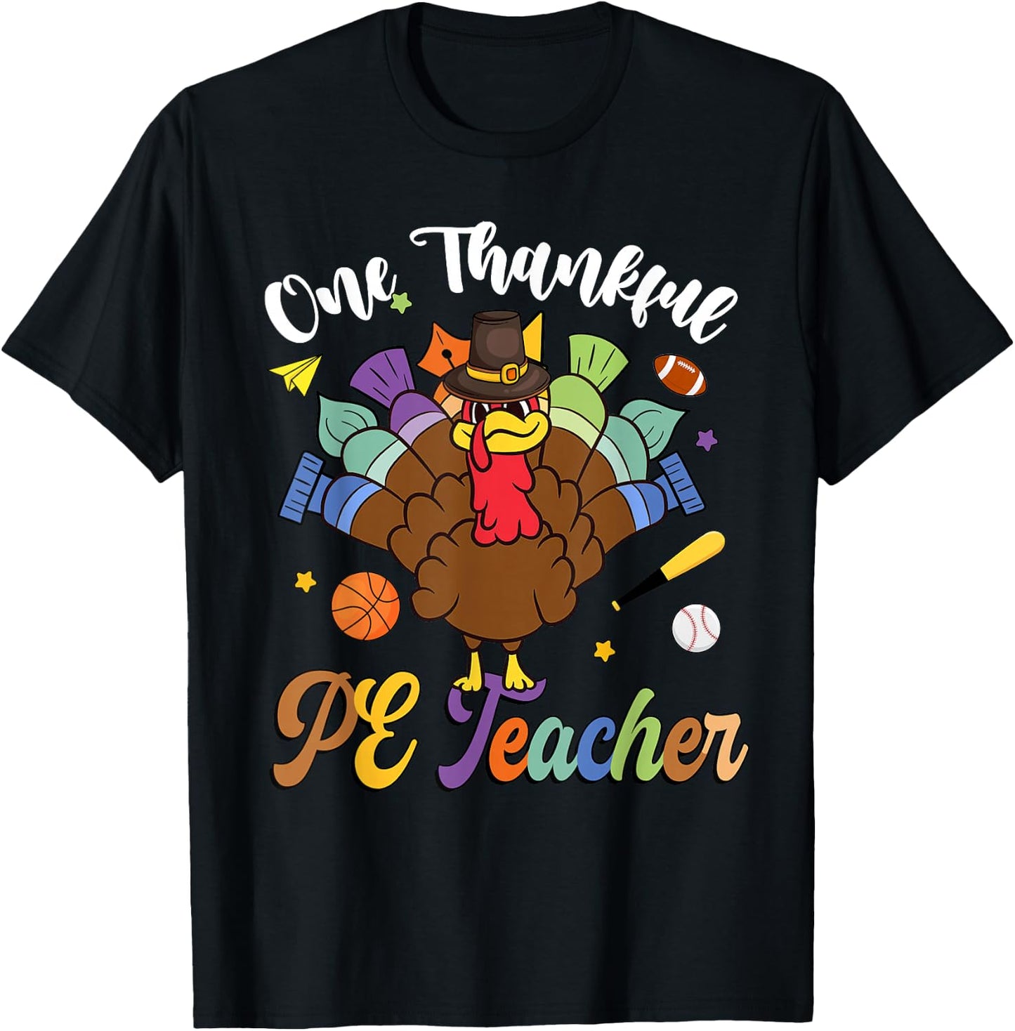 One Thankful PE Teacher Turkey Thanksgiving -Adults & Kids Classic Fit Black Polyester 100% Short Sleeve T-Shirt - T-Shirt | Black