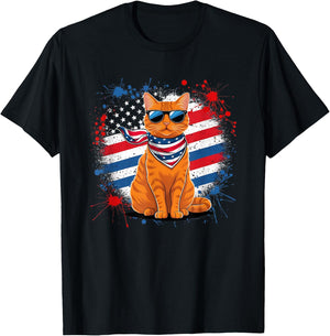 Funny Vintage Orange Tabby Cat Sunglasses Scarf USA Flag T-Shirt - T-Shirt | Black
