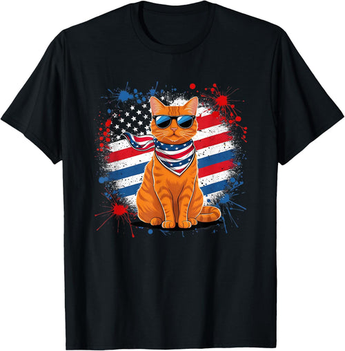 Funny Vintage Orange Tabby Cat Sunglasses Scarf USA Flag