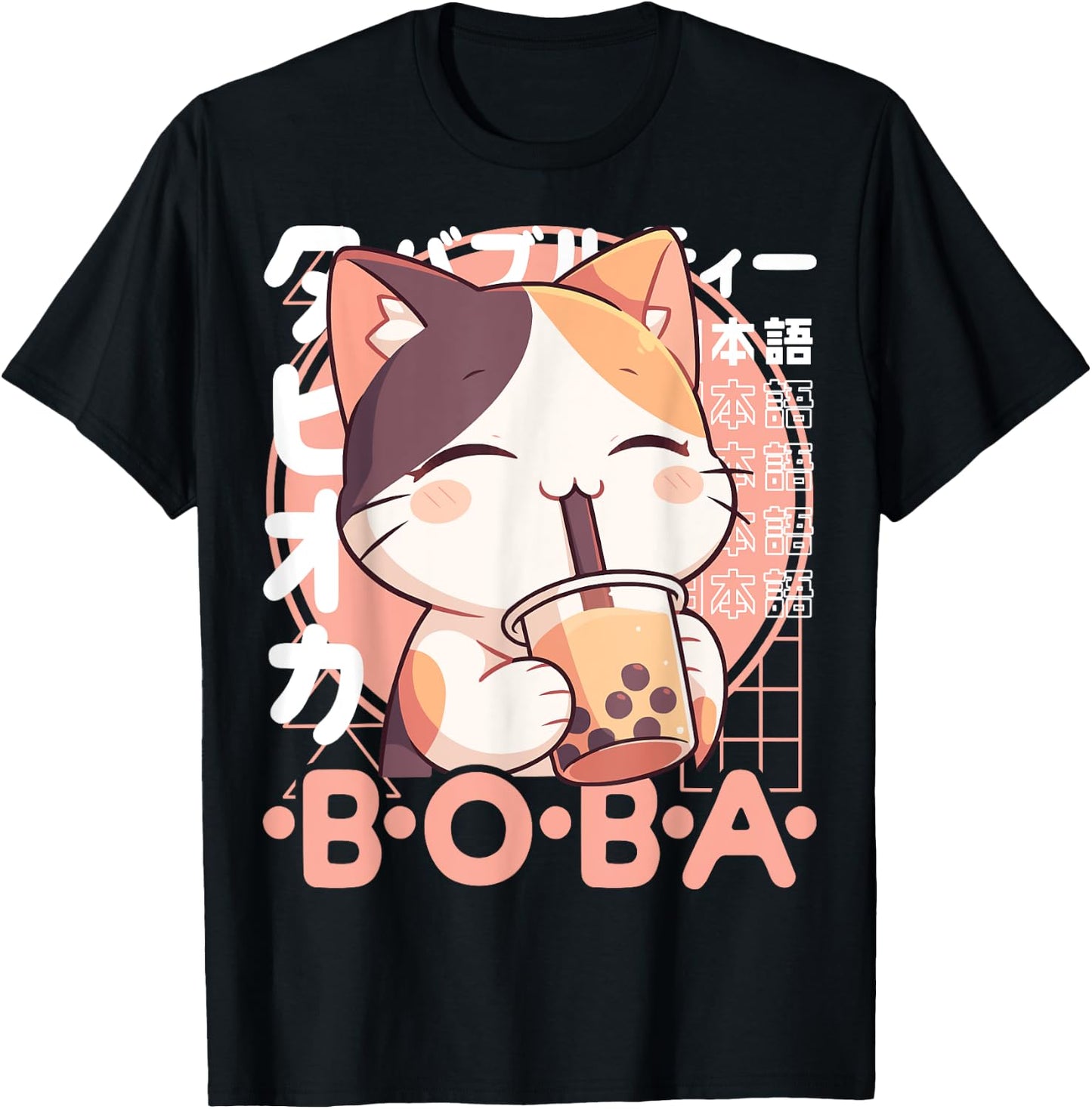 Cat Boba Tea Kawaii Bubble Tea Cat Anime Neko Calico Cat T-Shirt - T-Shirt | Black
