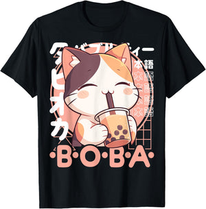 Cat Boba Tea Kawaii Bubble Tea Cat Anime Neko Calico Cat T-Shirt - T-Shirt | Black