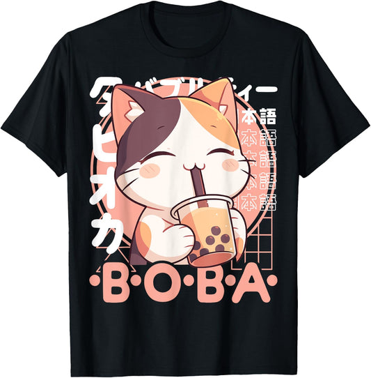 Cat Boba Tea Kawaii Bubble Tea Cat Anime Neko Calico Cat T-Shirt - T-Shirt | Black