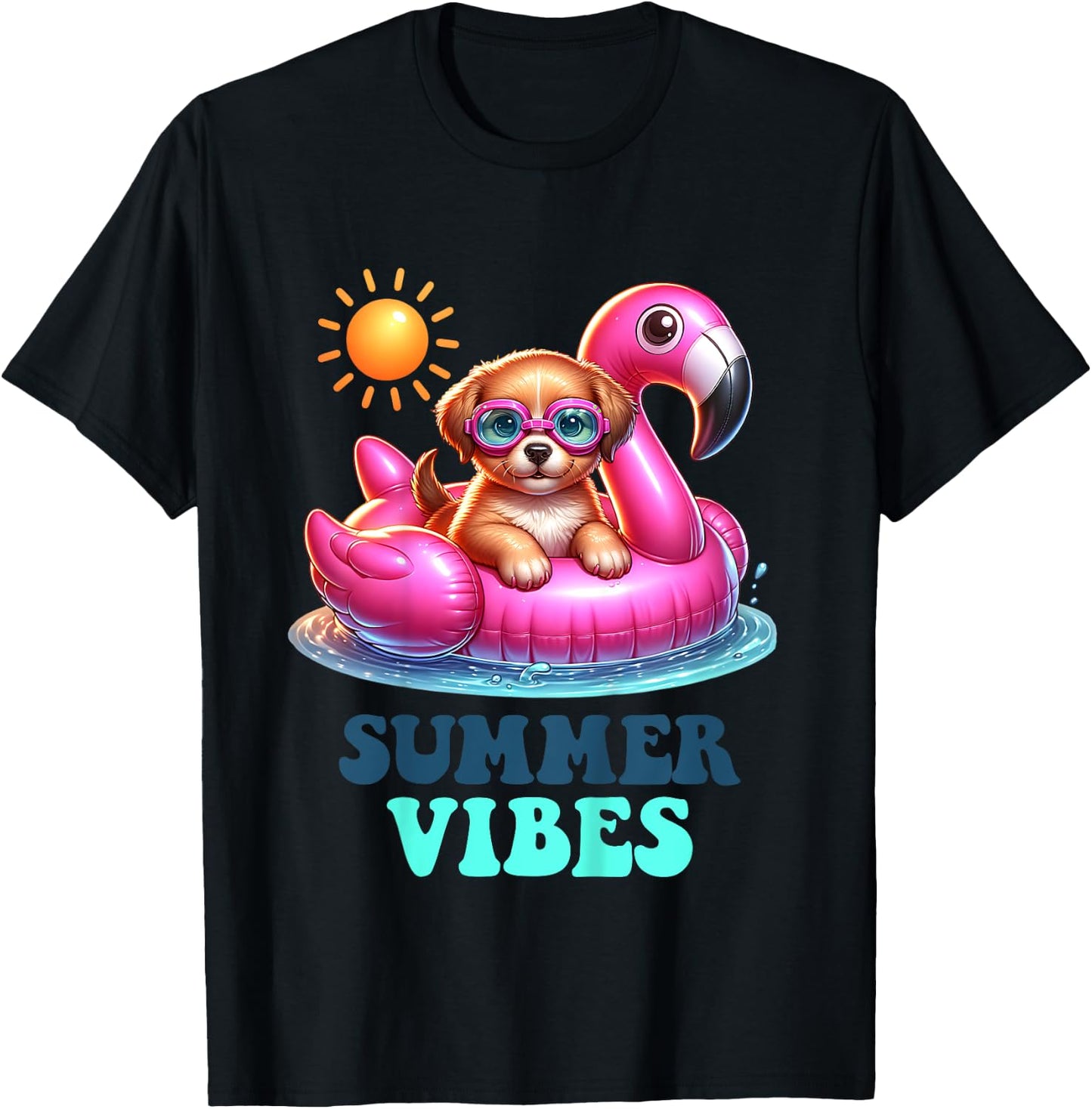 Kids Summer Vibes Beach Lover Cute Puppy Dog Pink Flamingo Girls T-Shirt - T-Shirt | Black