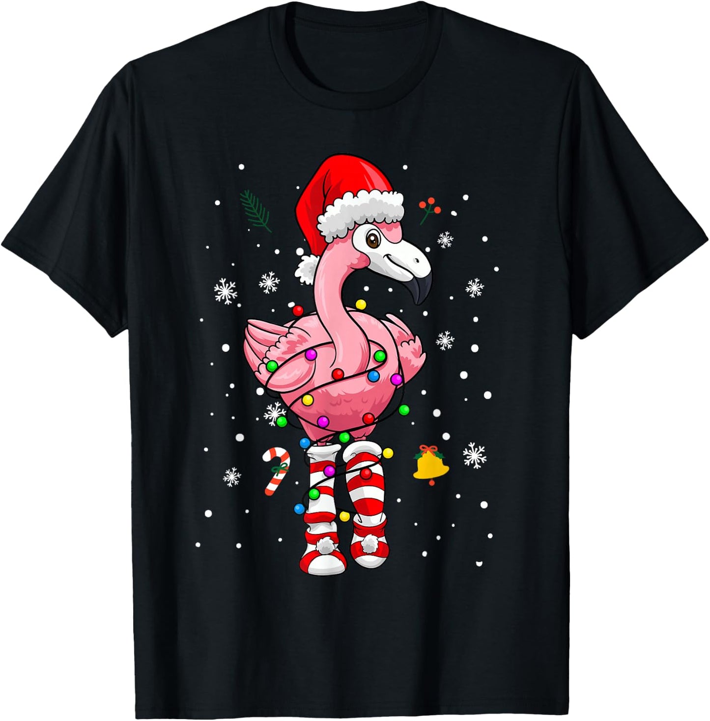 Pink Flamingo Christmas Tree Tropical X-Mas Family Pajamas T-Shirt - T-Shirt | Black