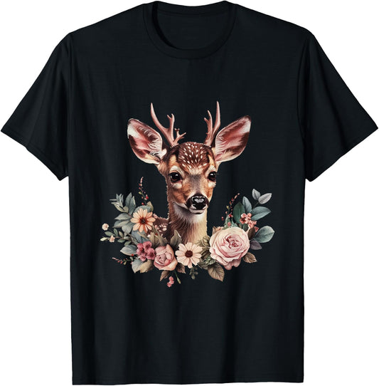Deer Fawn Flowers Costume Shirt Dirndl Oktoberfest , black T-Shirt - T-Shirt | Black