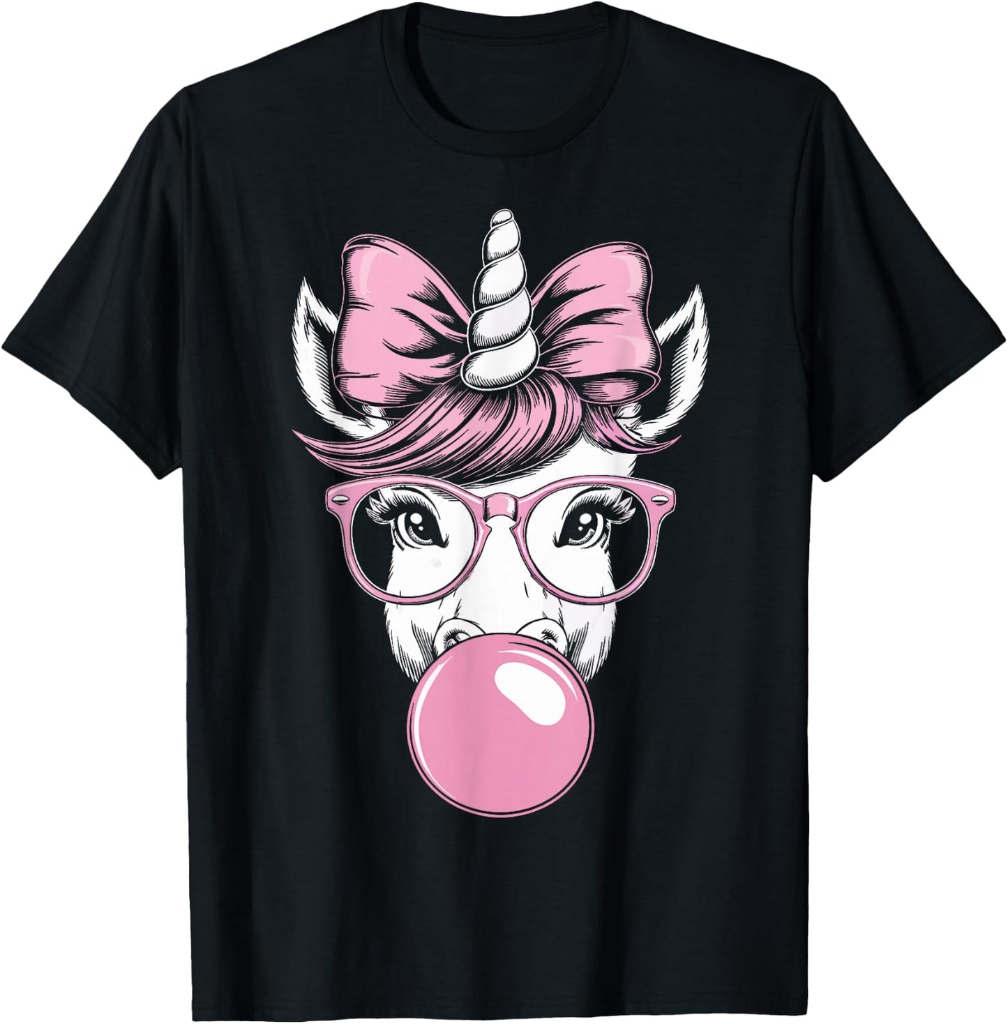 Unicorn Wearing Glasses and Blowing Pink Bubble Gum T-Shirt - T-Shirt | Black