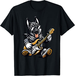 Rock Dog Playing Guitar, Funny Guitar German Shepherd Dog T-Shirt - T-Shirt | Black