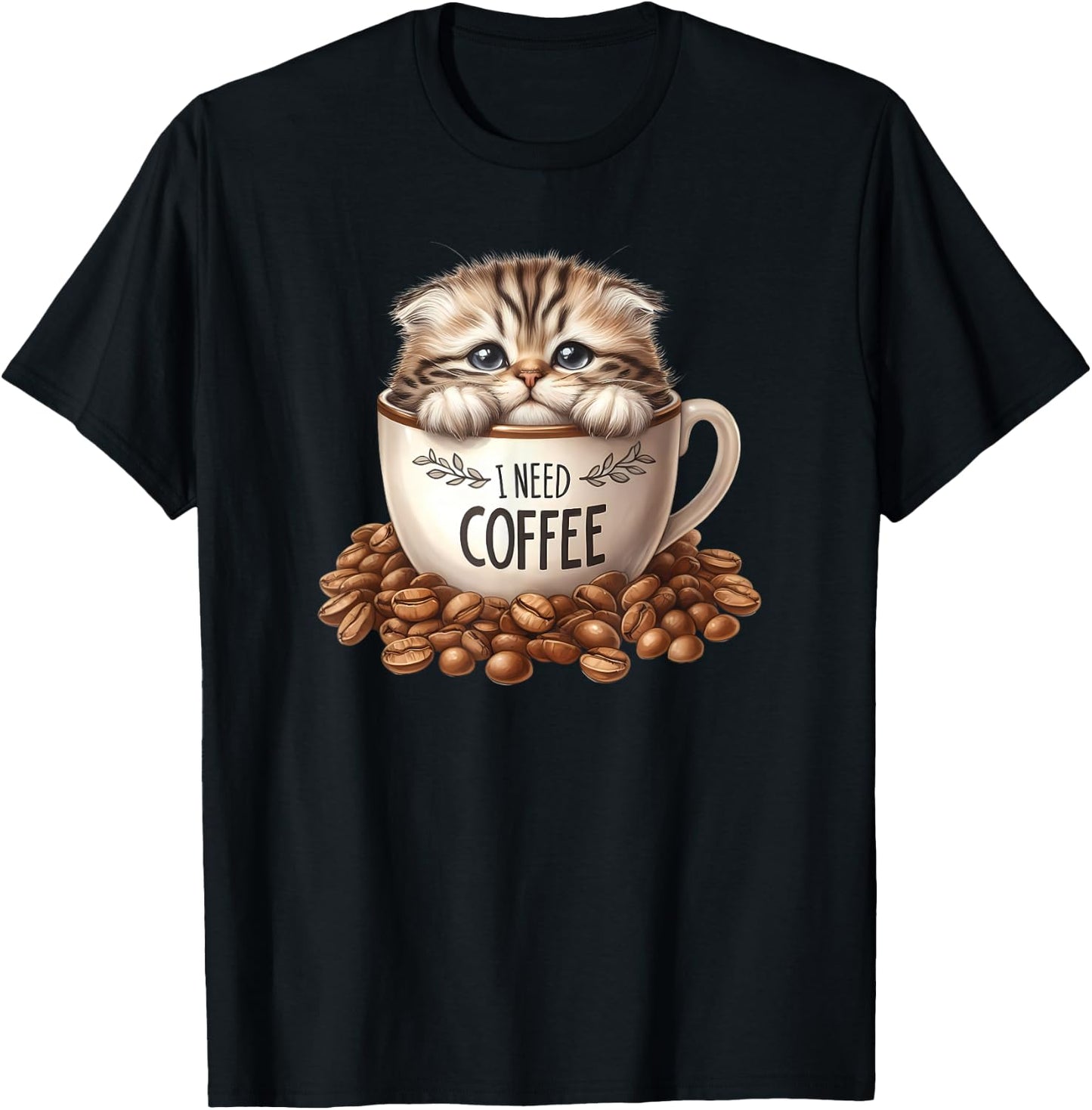 Cute Cat Sitting in Coffee Cup Kitten Lover Kitty T-Shirt - T-Shirt | Black
