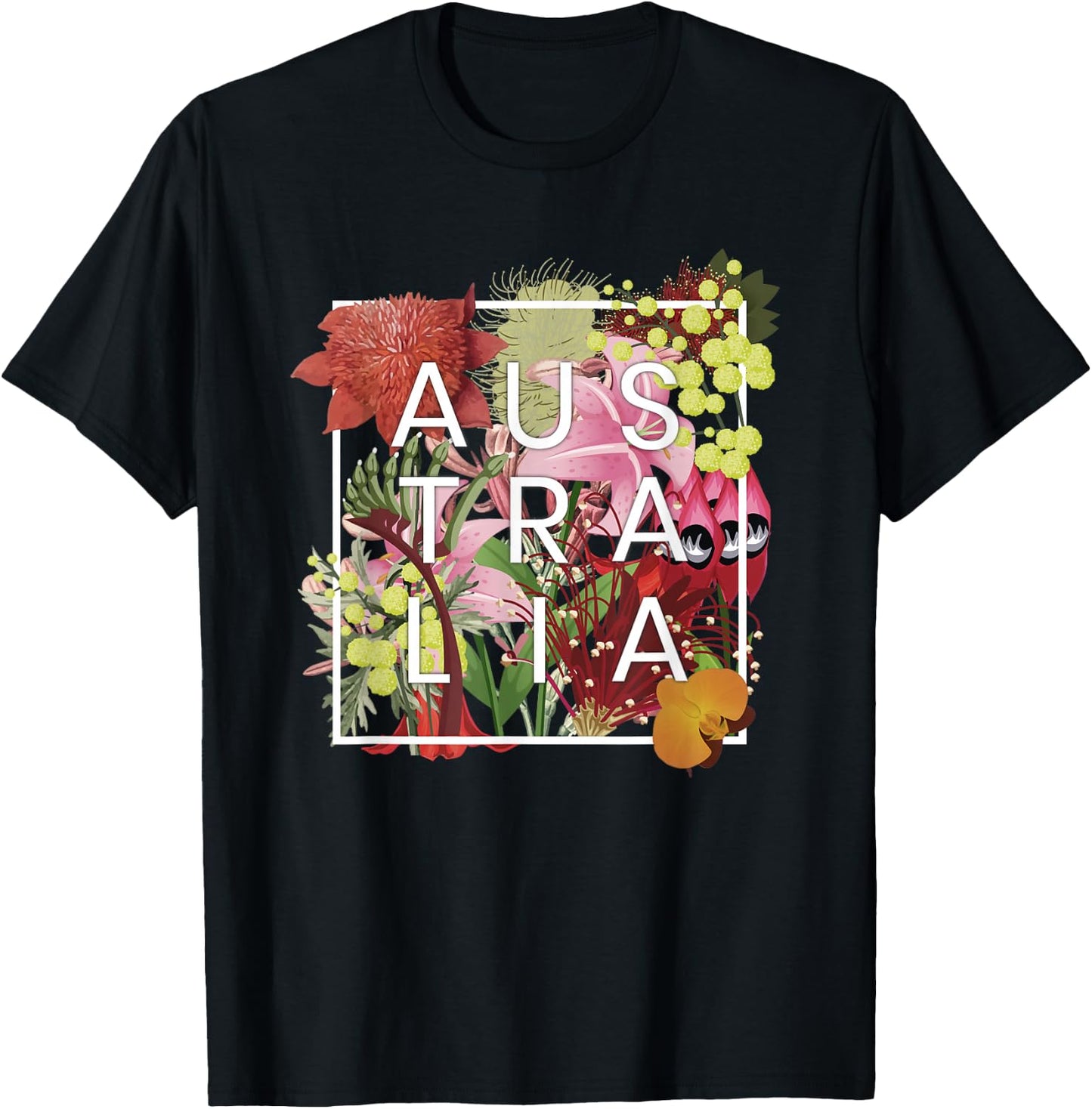Flowers of Australia Word Art - Australian Pride T-Shirt - T-Shirt | Black
