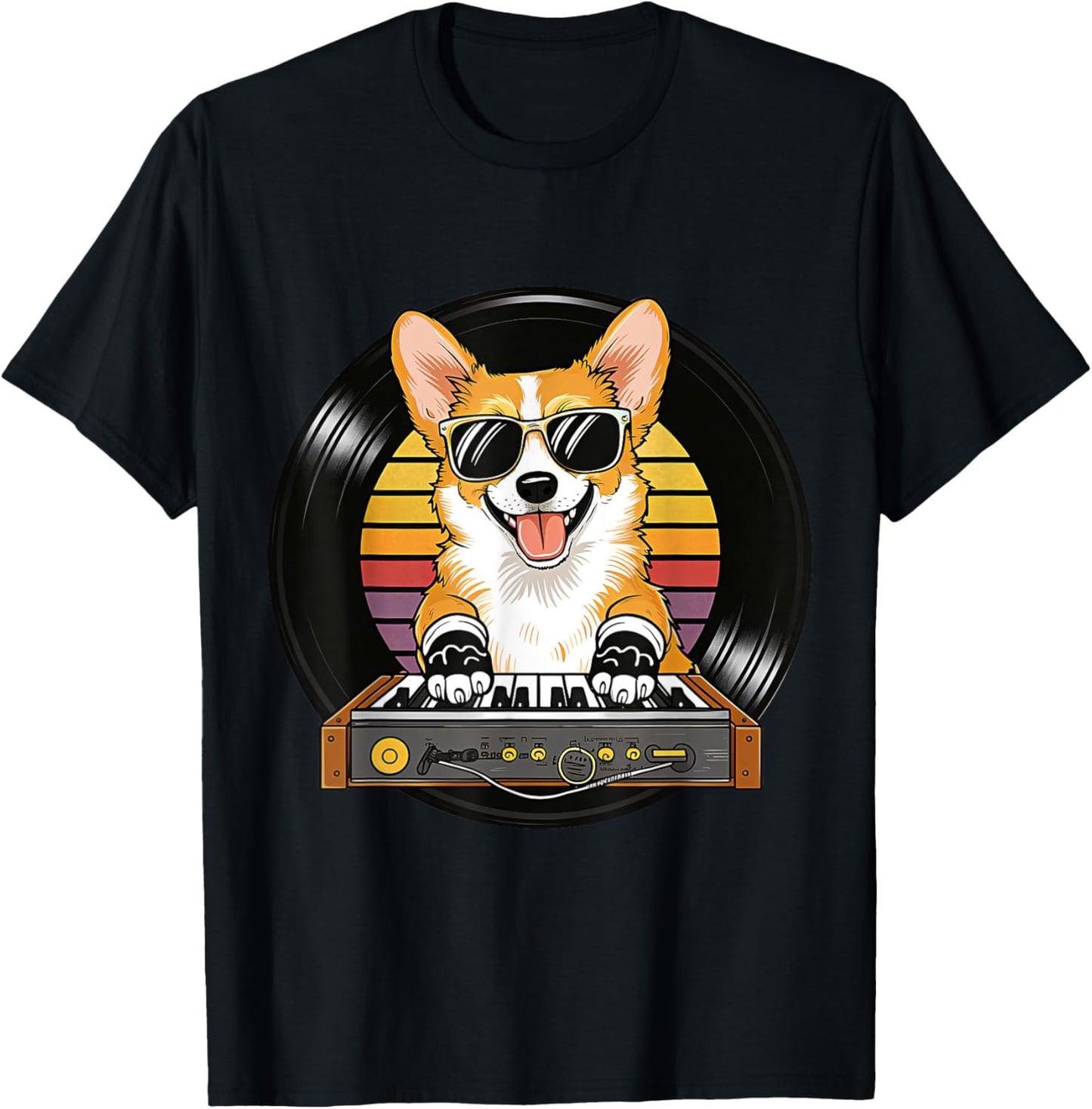 Funny Cute Corgi Synthesizer Dog Lover Playing Music Retro T-Shirt - T-Shirt | Black
