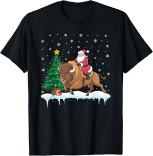 Santa Claus Riding Bison Boys Girls Kids Christmas T-Shirt - T-Shirt | Black