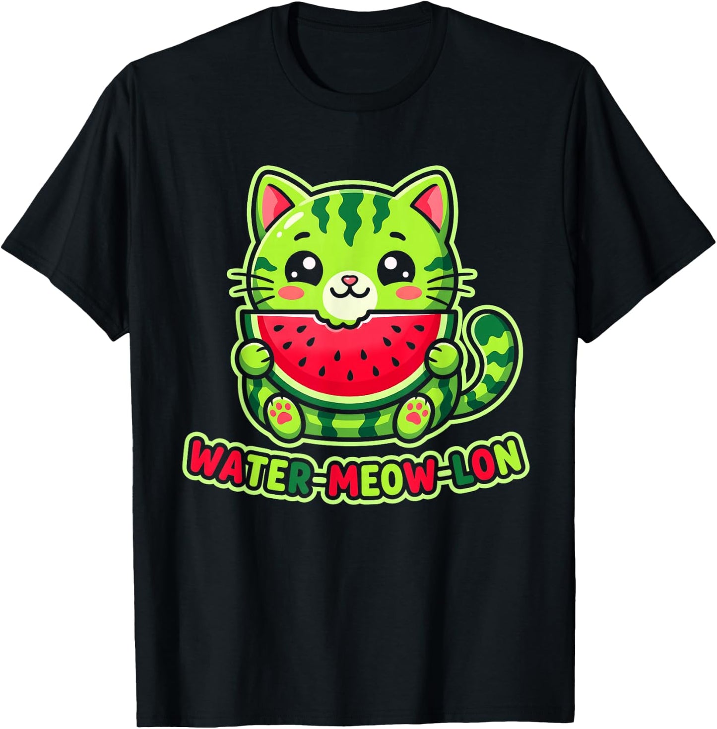 Cute Water-Meow-lon Watermelon Cat Summer Vacation Kids Girl T-Shirt - T-Shirt | Black