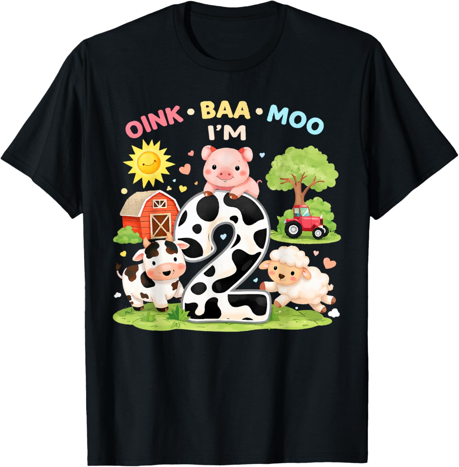 2nd Birthday Farm Theme Oink Baa Moo I'm 2 Birthday Toddler T-Shirt - T-Shirt | Black