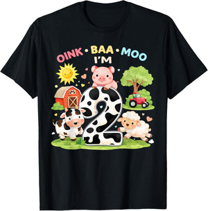 2nd Birthday Farm Theme Oink Baa Moo I'm 2 Birthday Toddler T-Shirt - T-Shirt | Black