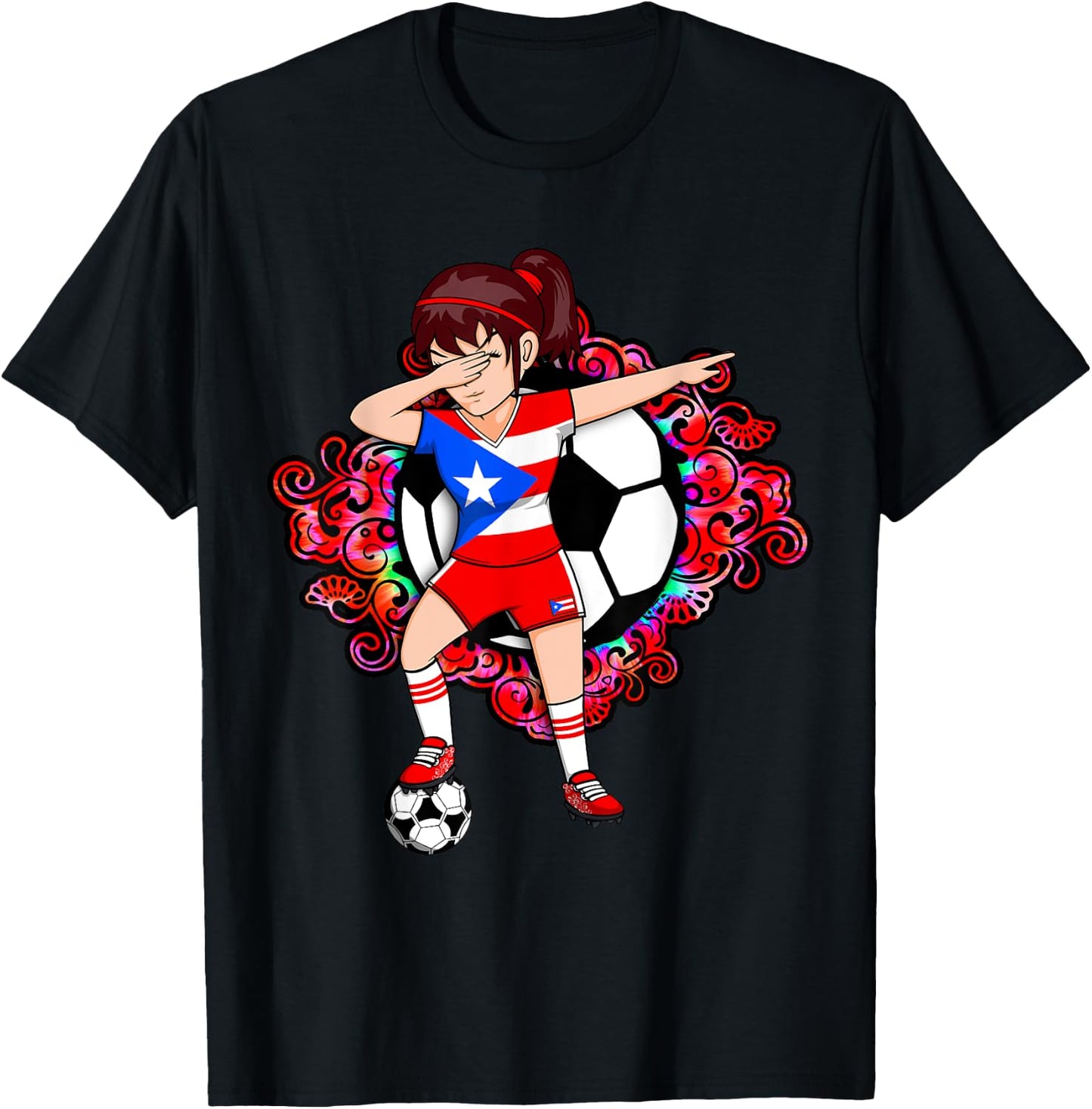 Dabbing Soccer Girl Puerto Rico Fans Jersey Football Flower T-Shirt - T-Shirt | Black