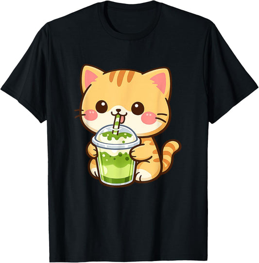 Cute Kawaii Cat Drinking Matcha Latte Green Tea T-Shirt - T-Shirt | Black