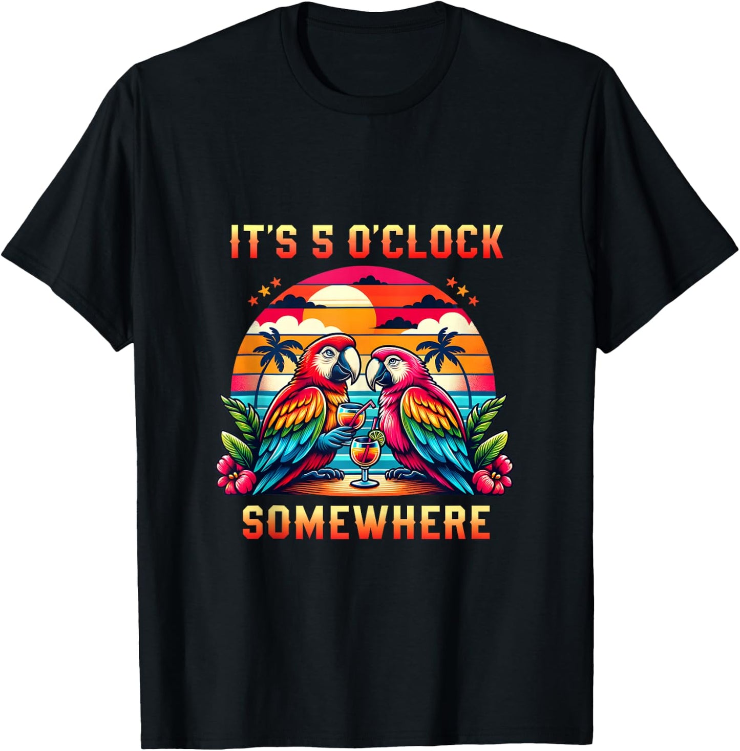 It's 5 O'clock Somewhere Parrot Sunset Drinking Summer Retro T-Shirt - T-Shirt | Black