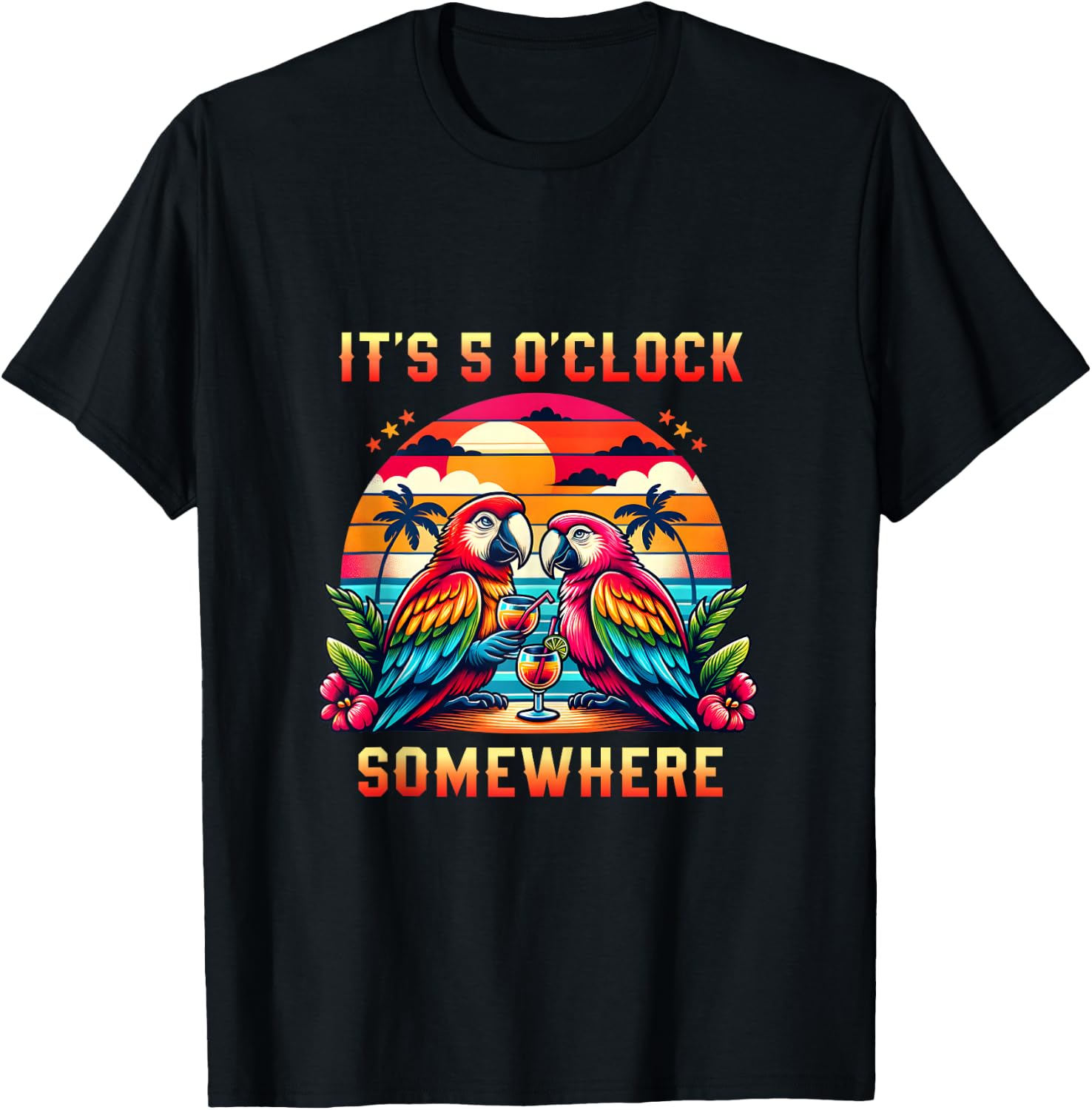 It's 5 O'clock Somewhere Parrot Sunset Drinking Summer Retro T-Shirt - T-Shirt | Black