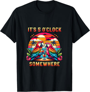 It's 5 O'clock Somewhere Parrot Sunset Drinking Summer Retro T-Shirt - T-Shirt | Black