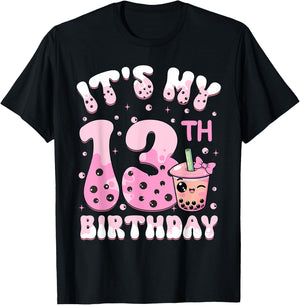 It's My 13th Birthday Coquette Bow Boba Tea Party 13 Years T-Shirt - T-Shirt | Black