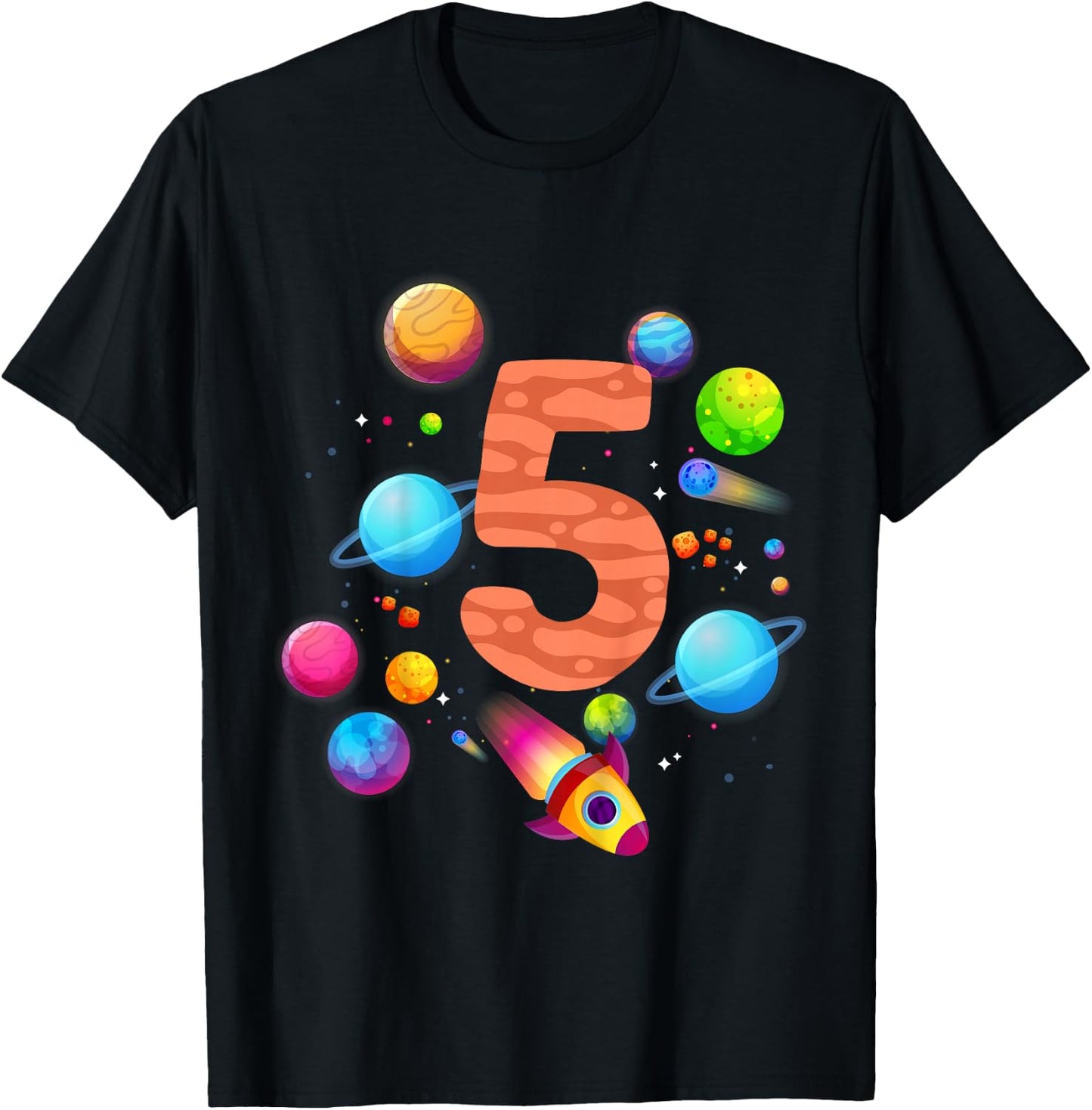 Children's 5th Birthday Boys 5 Years Planets Space Birthday , black, 80 T-Shirt - T-Shirt | Black