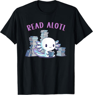 Kawaiiaxolotl Axolotl Reading a Book, Read Alotl Books Funny Axolotl Book -Adults & Kids T-Shirt - T-Shirt | Black
