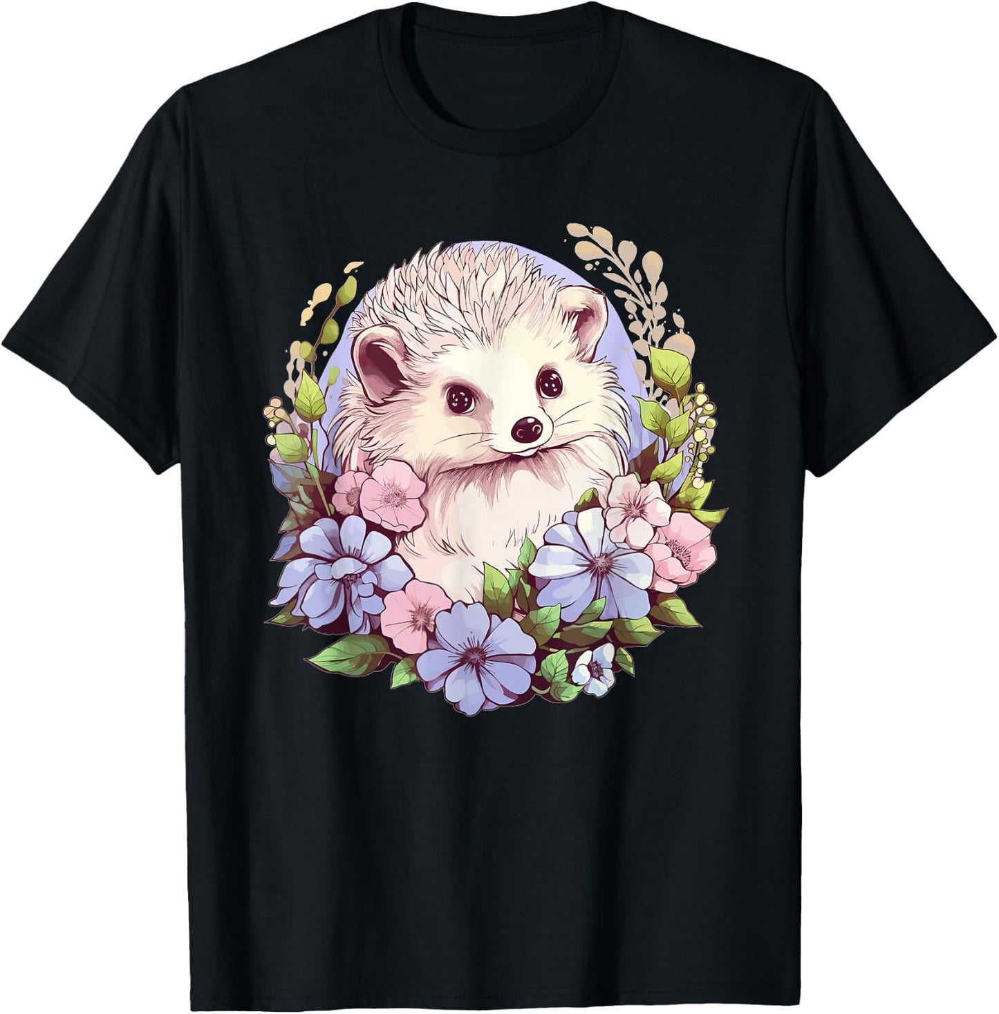 Cute Hedgehog With Flowers I Hedgehog T-Shirt - T-Shirt | Black