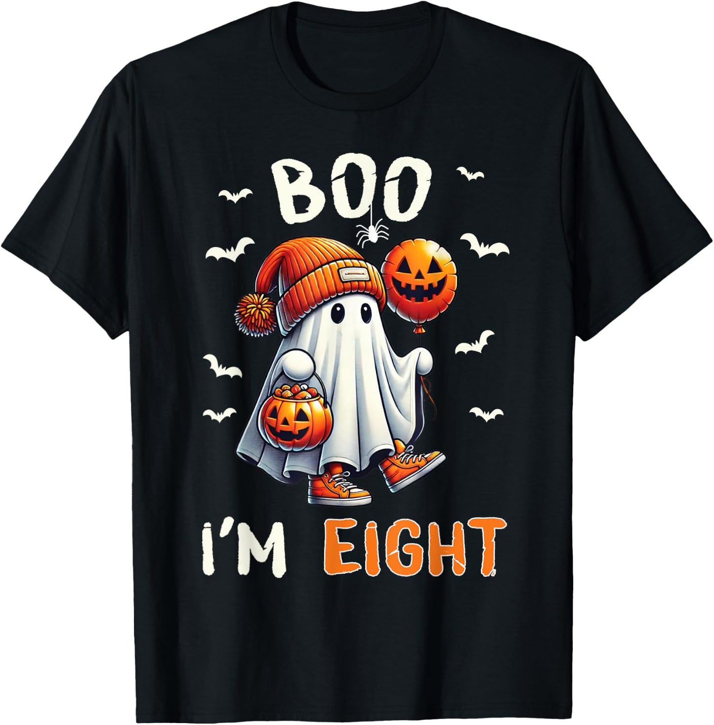 Boo I'm Eight Ghost 8th Birthday Halloween Boy Kids Groovy T-Shirt - T-Shirt | Black