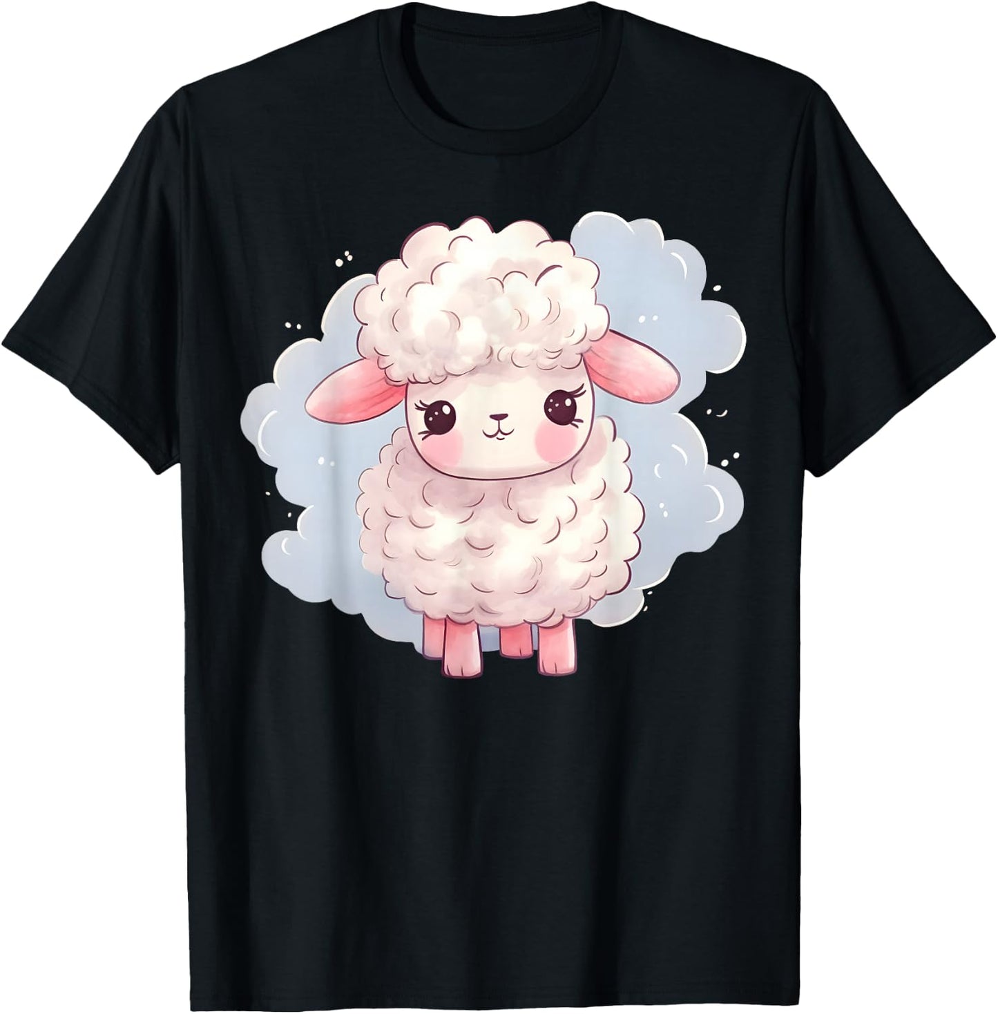 Lamb Sheep Kawaii Cute Pink Baby Farm Animal Pastel Clouds T-Shirt - T-Shirt | Black