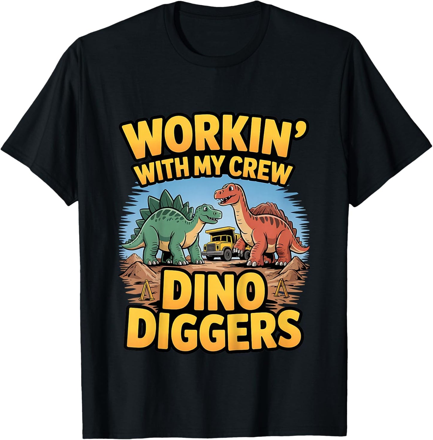 Kids Dino Diggers Construction Team Work Party Outfit T-Shirt - T-Shirt | Black