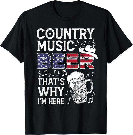 Country Music Beer That's Why I'm Here USA American Flag Women Men T-Shirt - T-Shirt | Black