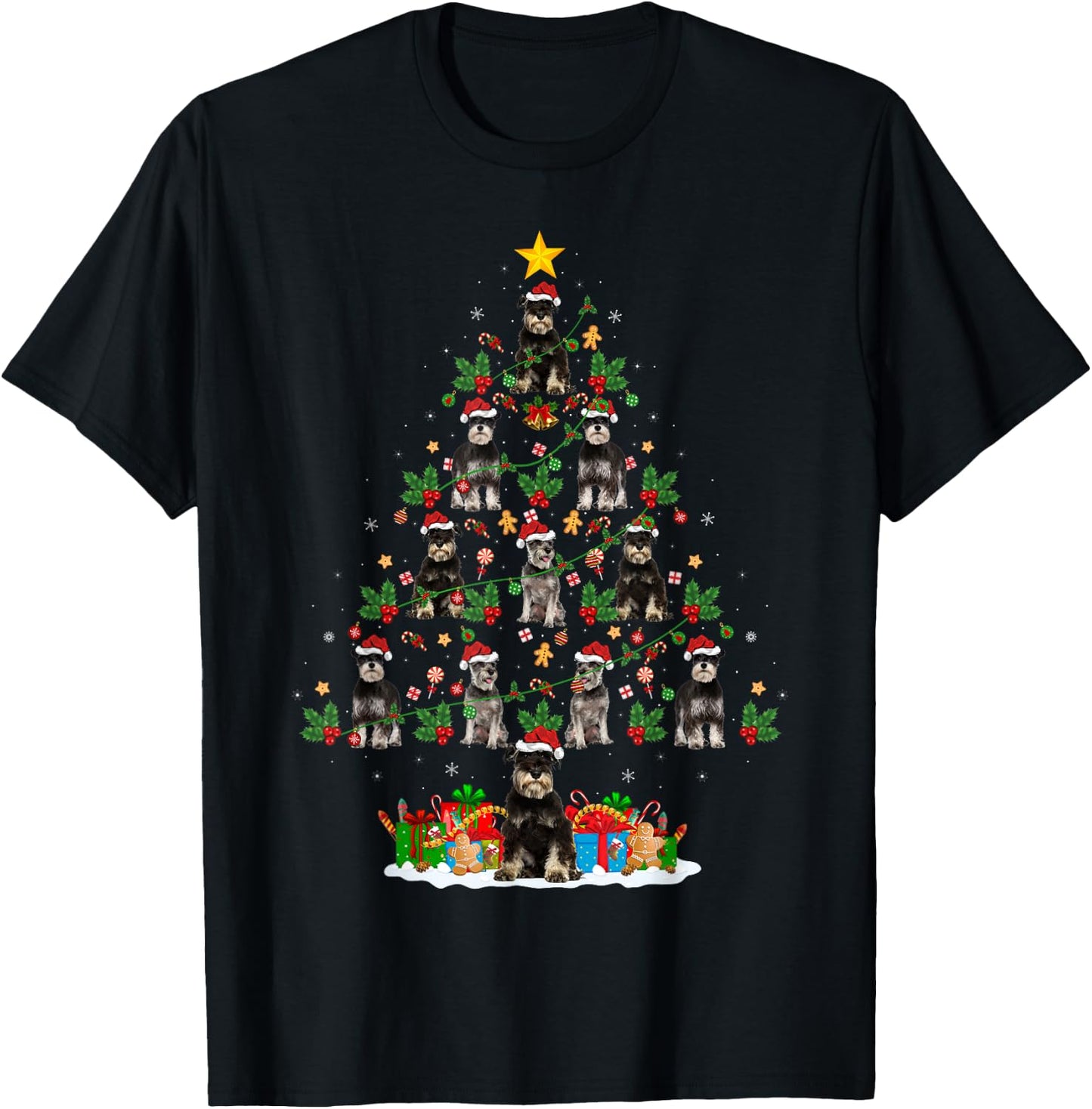 Xmas Holiday Santa Miniature Schnauzer Dog Christmas Tree T-Shirt - T-Shirt | Black