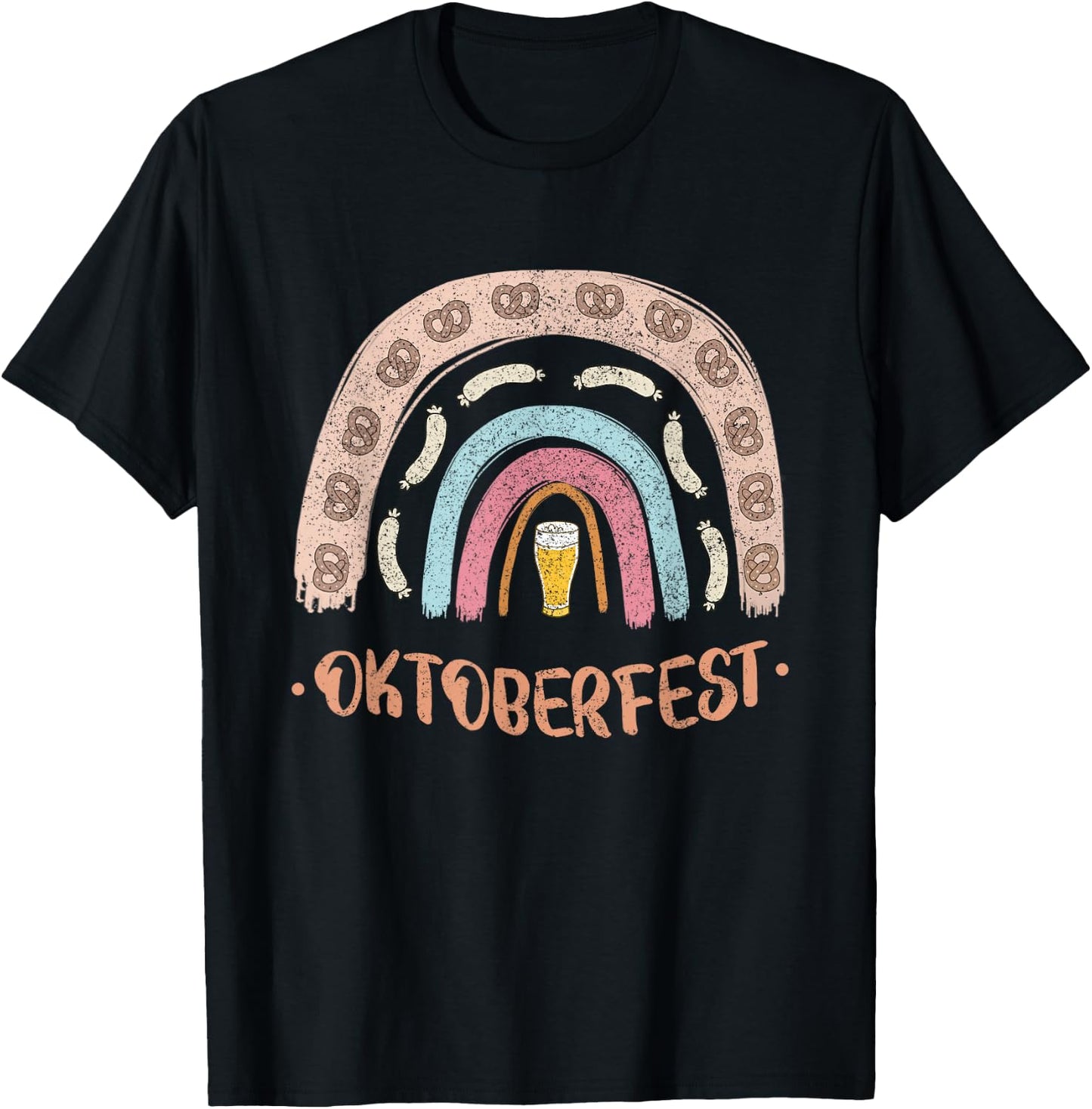German Oktoberfest Sausage Pretzel Beer Vintage Rainbow T-Shirt - T-Shirt | Black
