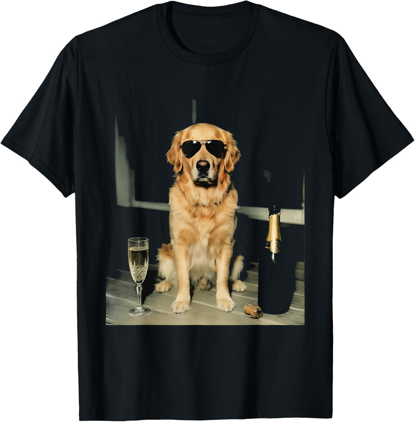 Golden Retriever Drinking Champagne Funny Dog Sunglasses T-Shirt - T-Shirt | Black