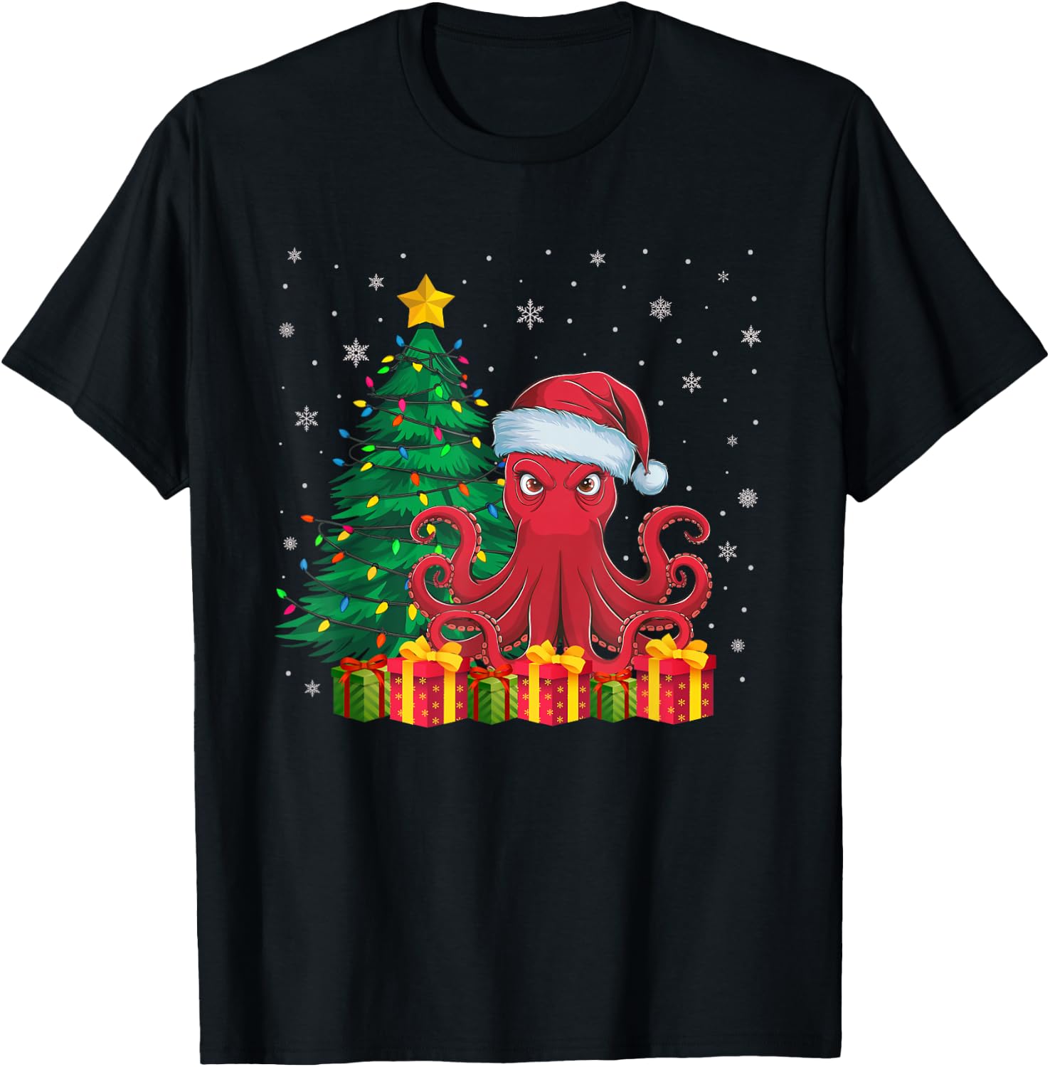 Ugly Octopus Santa Hat Christmas Tree Lights Pajama T-Shirt - T-Shirt | Black