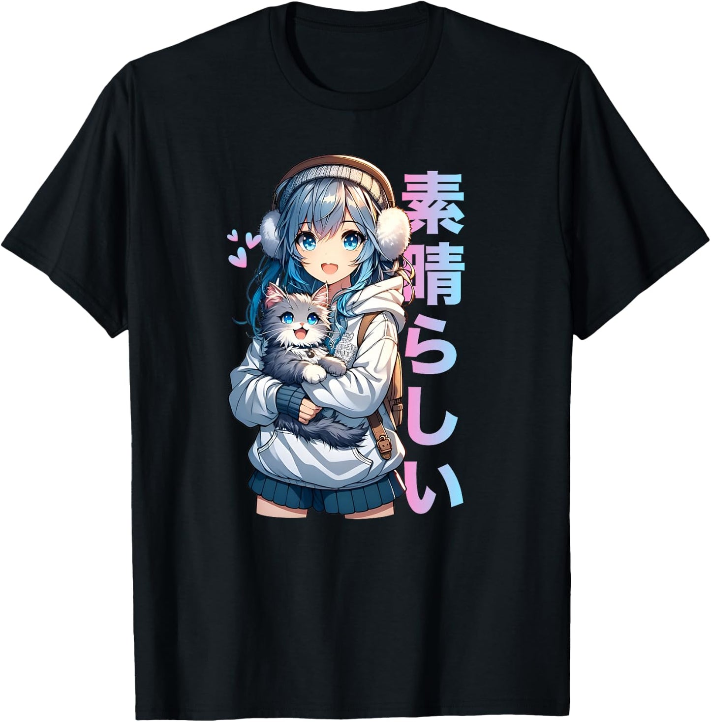 Mignon Anime Fille avec Un Chat pour Amoureux des Chats Kawaii Otaku Manga Haut de Gamme T-Shirt - T-Shirt | Black