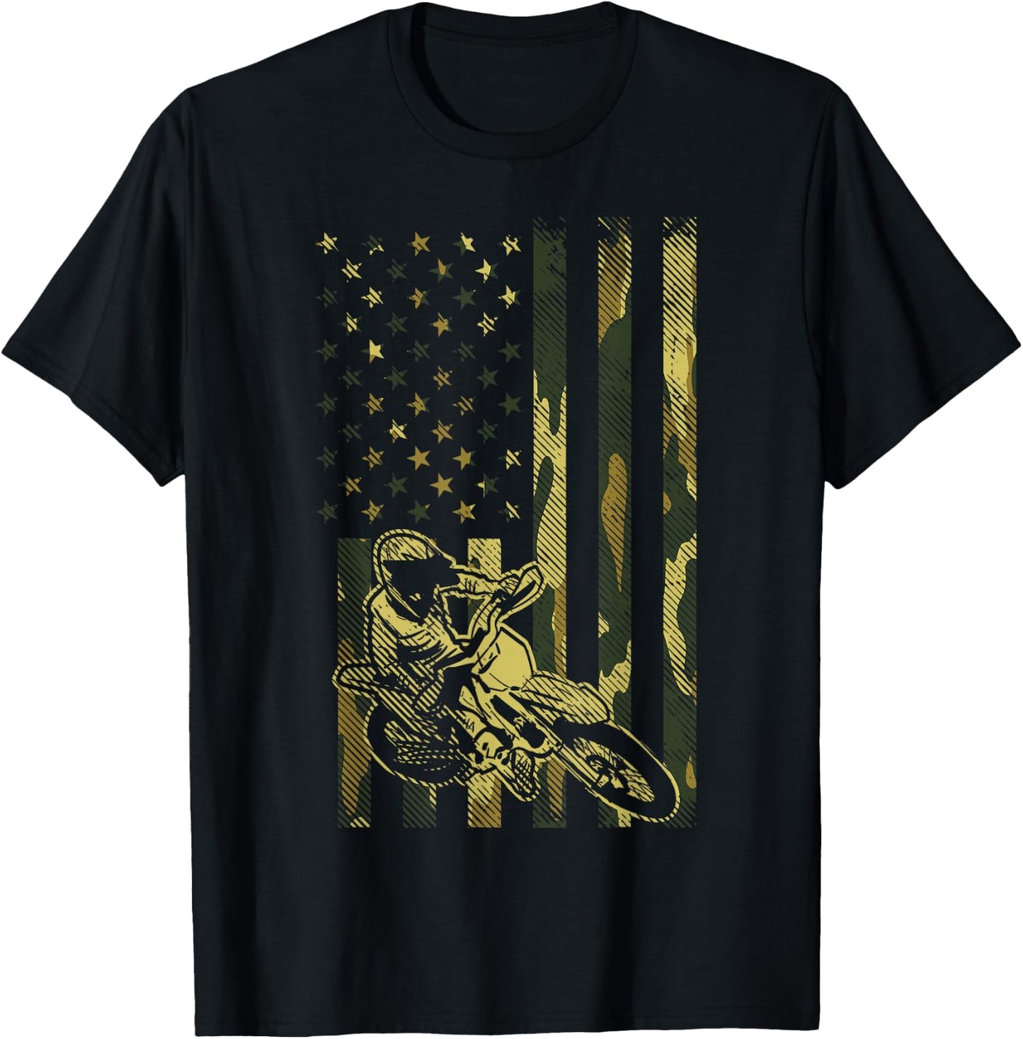 Camo American Flag Dirt Bike Vintage Motocross Racing Gift T-Shirt - T-Shirt | Black
