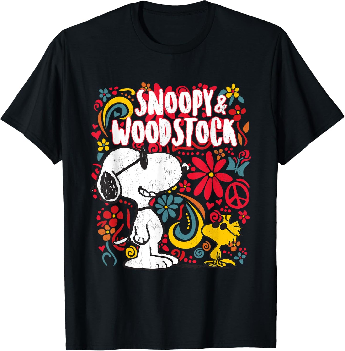Peanuts Snoopy et Woodstock Motif floral années 70 T-Shirt - T-Shirt | Black