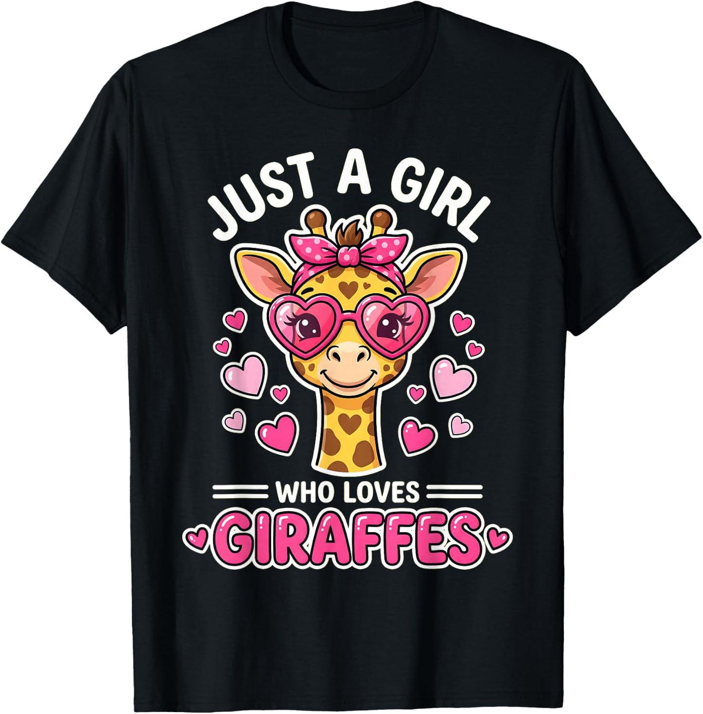 Pink Bow Giraffe Heart Glasses Just A Girl T-Shirt - T-Shirt | Black