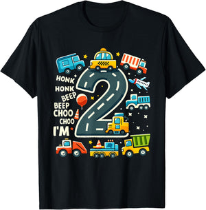 2 Year Old Birthday Boy Truck Car Transport , black T-Shirt - T-Shirt | Black